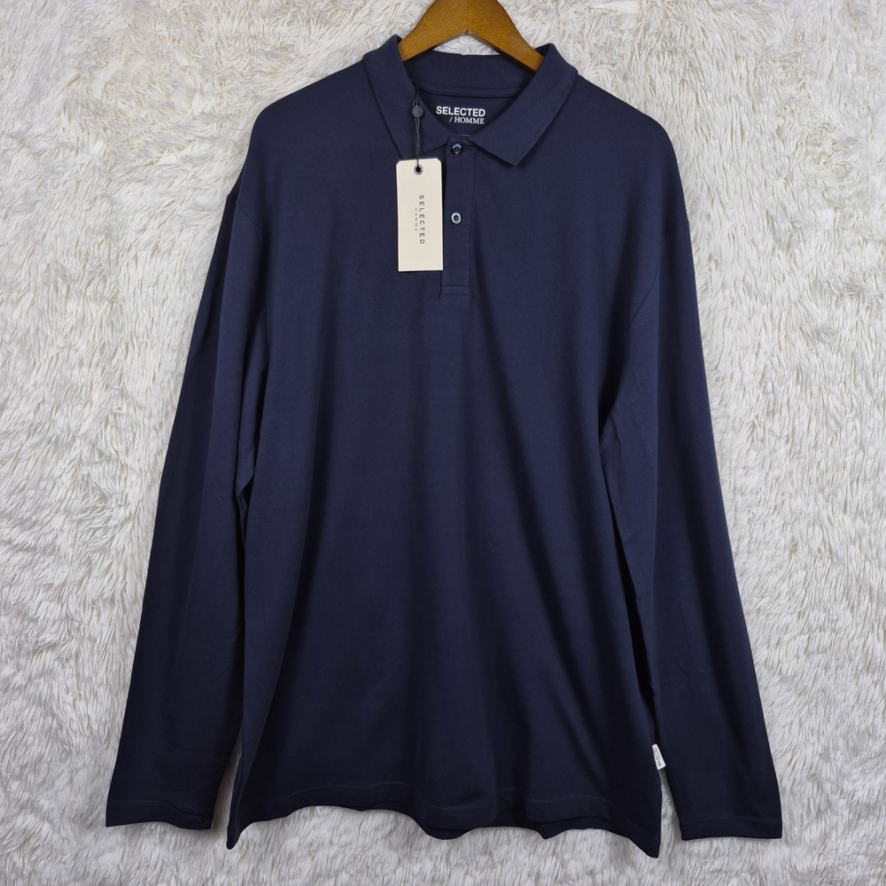 NWT Selected Homme Men XXL Relaxed Brook Long Sleeve Polo Shirt Navy Blue
